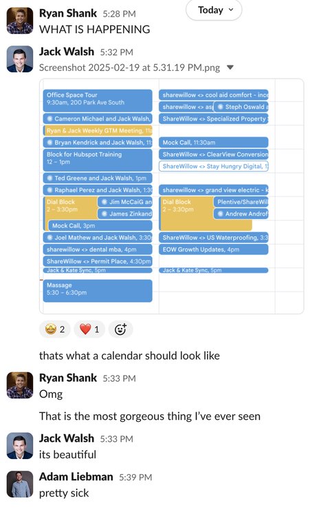 ShareWillow team reacting to a calendar feature in Slack